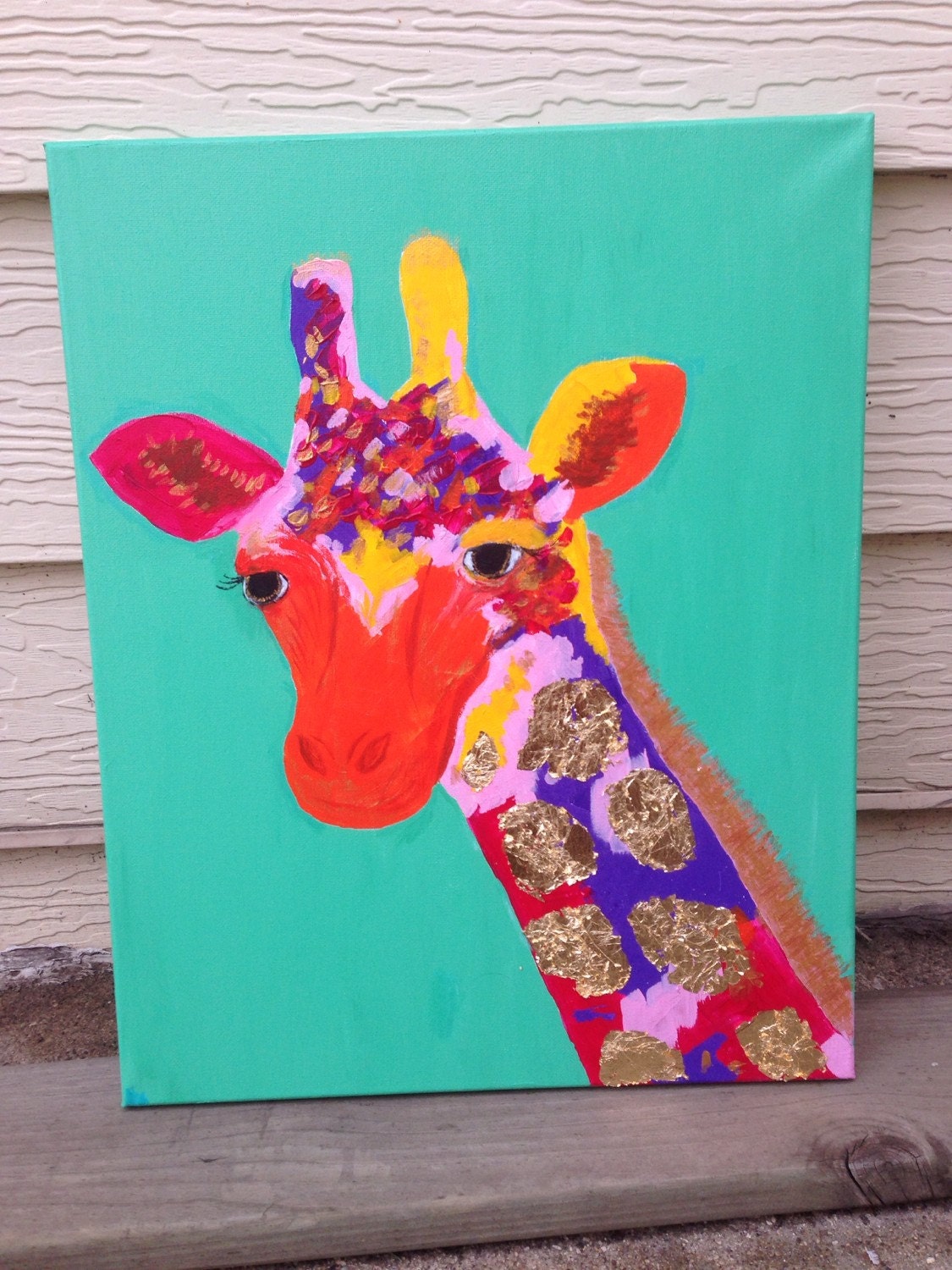 Colorful giraffe abstract acrylic and gold leaf on canvas