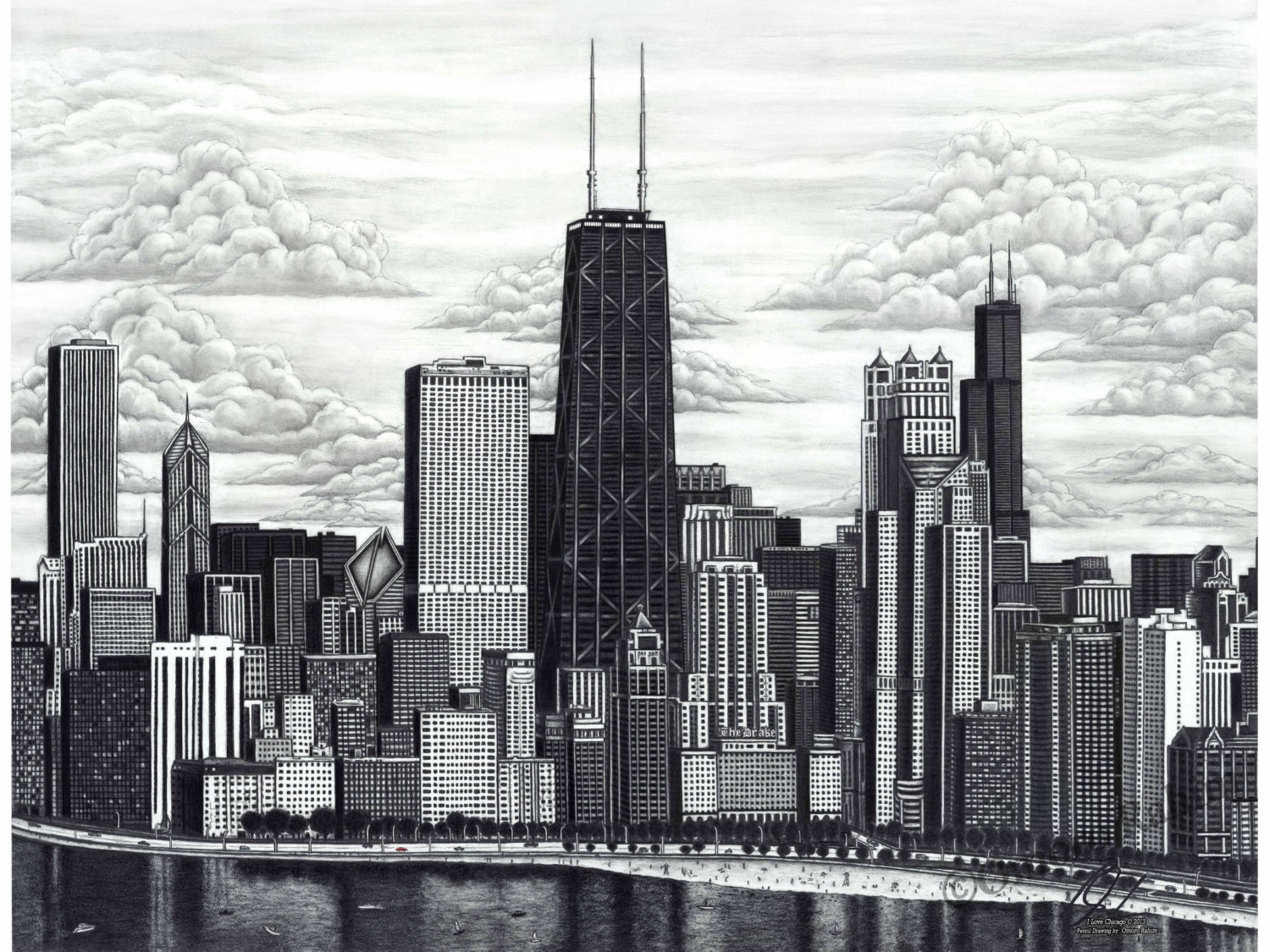 Chicago skyline drawing direct from artist 18x24 inch print.
