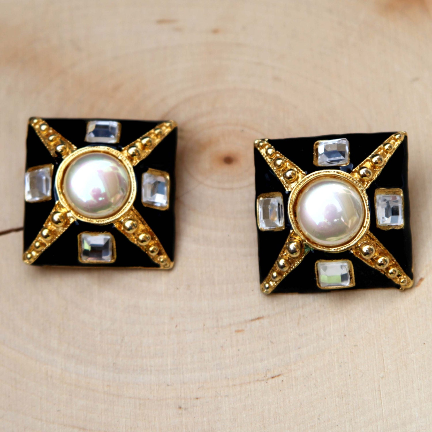 Vintage 80s Costume Jewelry Bold Earrings Half Pearl Set in