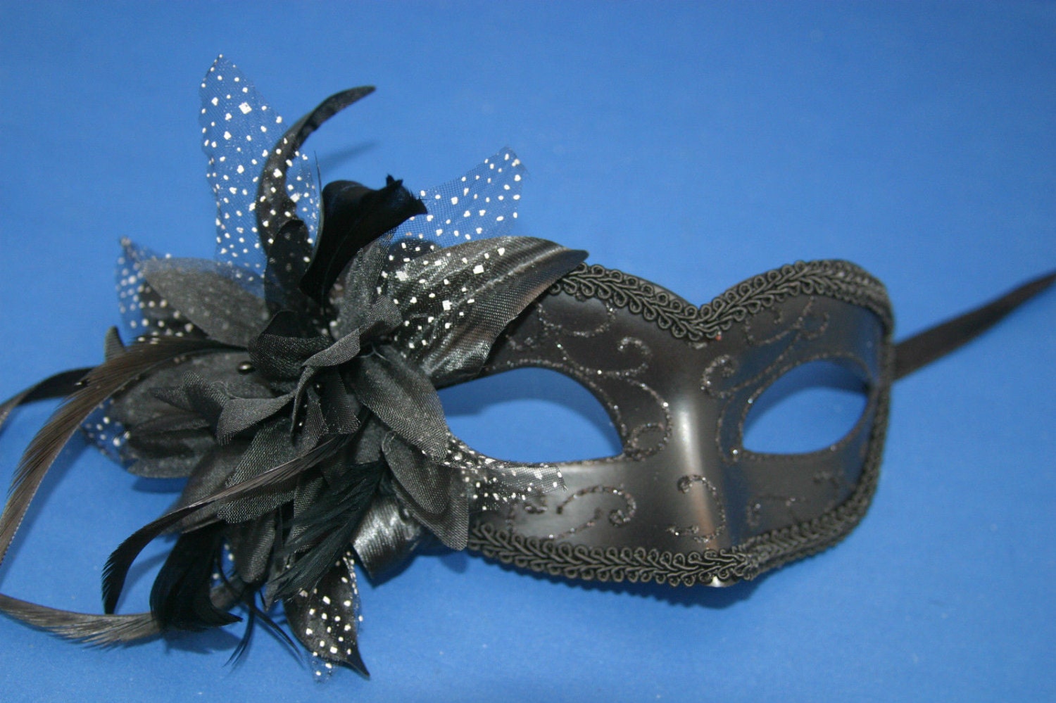 Black Masquerade Mask with Beautiful Flower Detail