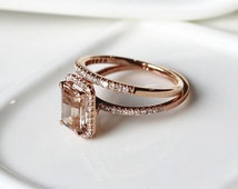 Fine Jewelry Ring Set!!! Halo Emera ld Cut Morganite Ring 14K Rose ...