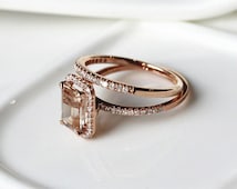 Fine Jewelry Ring Set!!! Halo Emera ld Cut Morganite Ring 14K Rose ...