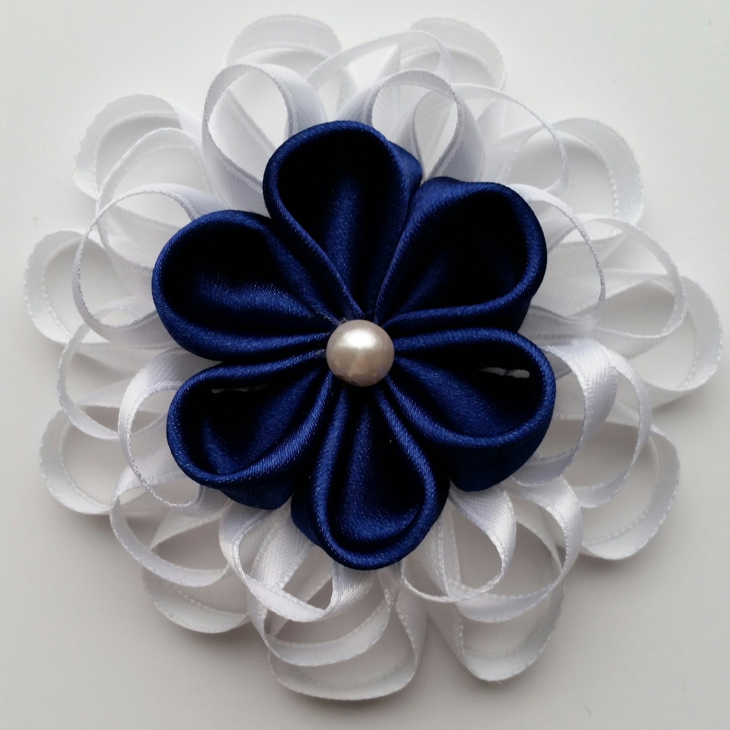 White and Blue Loopy Flower Hair Bow Baby by CzechOutMyBows