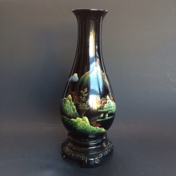 Items similar to 1940's Japanese Lacquerware Black Lacquer Vase Hand