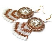 Long dangle Earrings, Large Earrings, Beadwork White and Golden Earrings, Bead Embroidered Jewelry, Czech glass button
