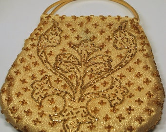Vintage Gold Beaded Purse Pouch Walberg Hand Made in Hong Kong 1960s Excellent Condition