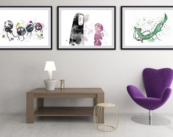 Set of 3 Spirited Away Poster - Chihiro and No Face, Sprites, Dragon Haku Watercolor Art Print Wall Art - Giclee Wall Decor Art Home Decor