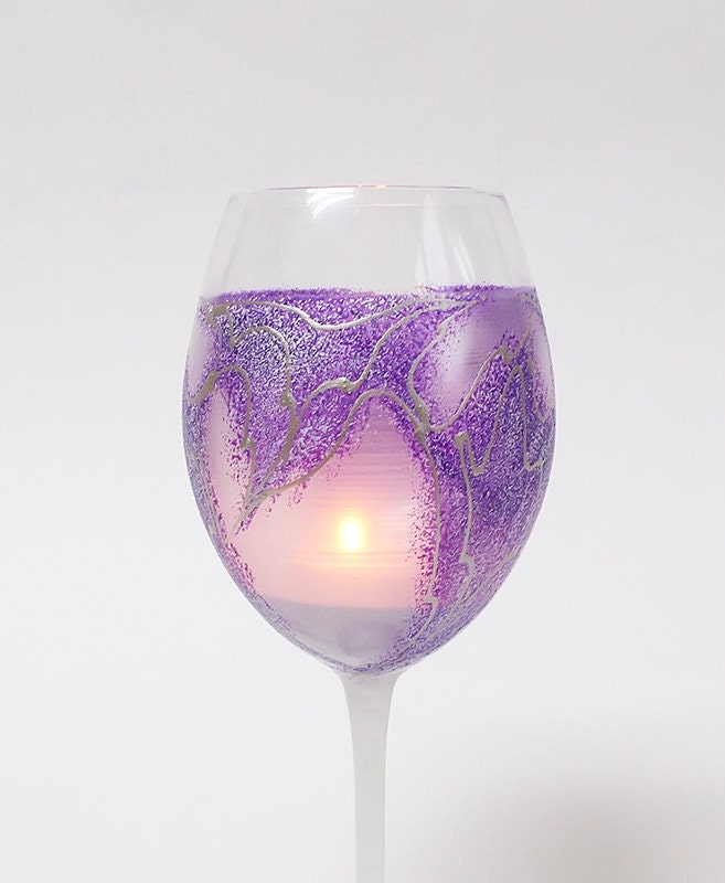 Candle Holder Hand Painted Wine Glass Purple by ArtSGlassStudio