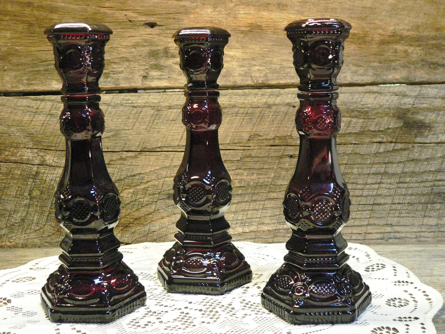 AVON CAPE COD Candle Holders Ruby Red 1876 by SquareDealVintage