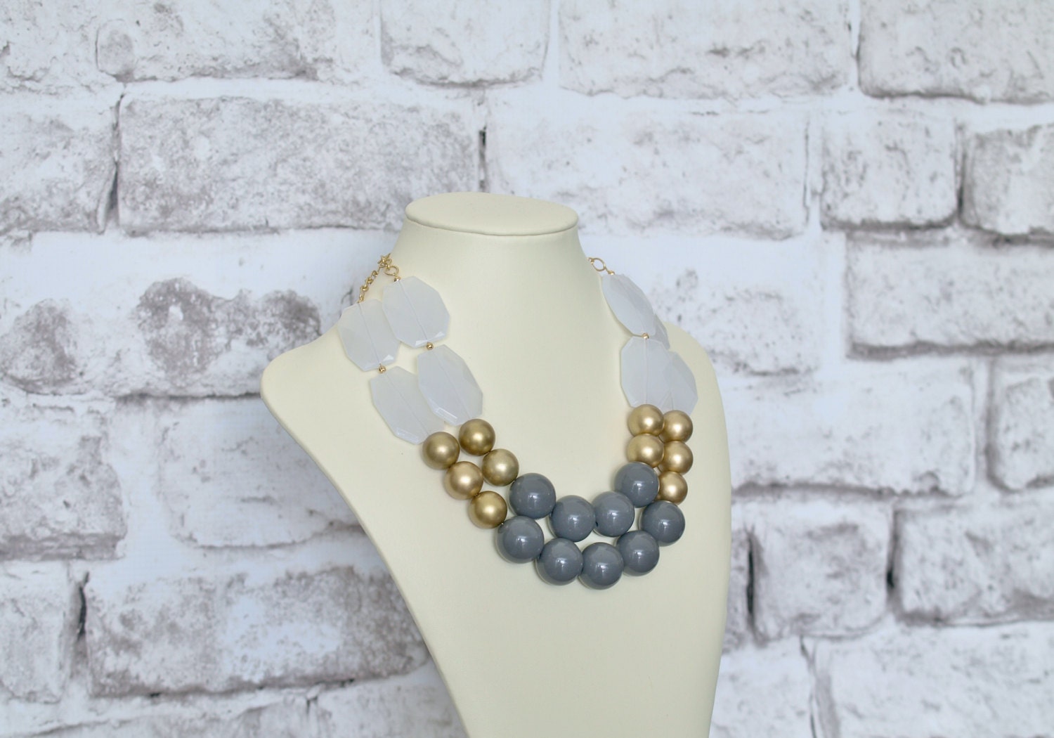 Gray and Gold Beaded Statement Necklace by TheGoldenGardenia