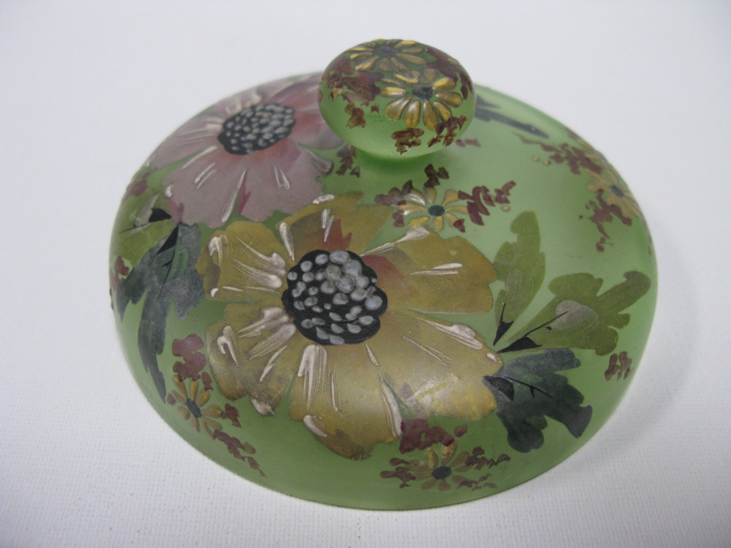 Hand Painted Green Glass Vintage Jewelry Box Green Glass Trinket Stow