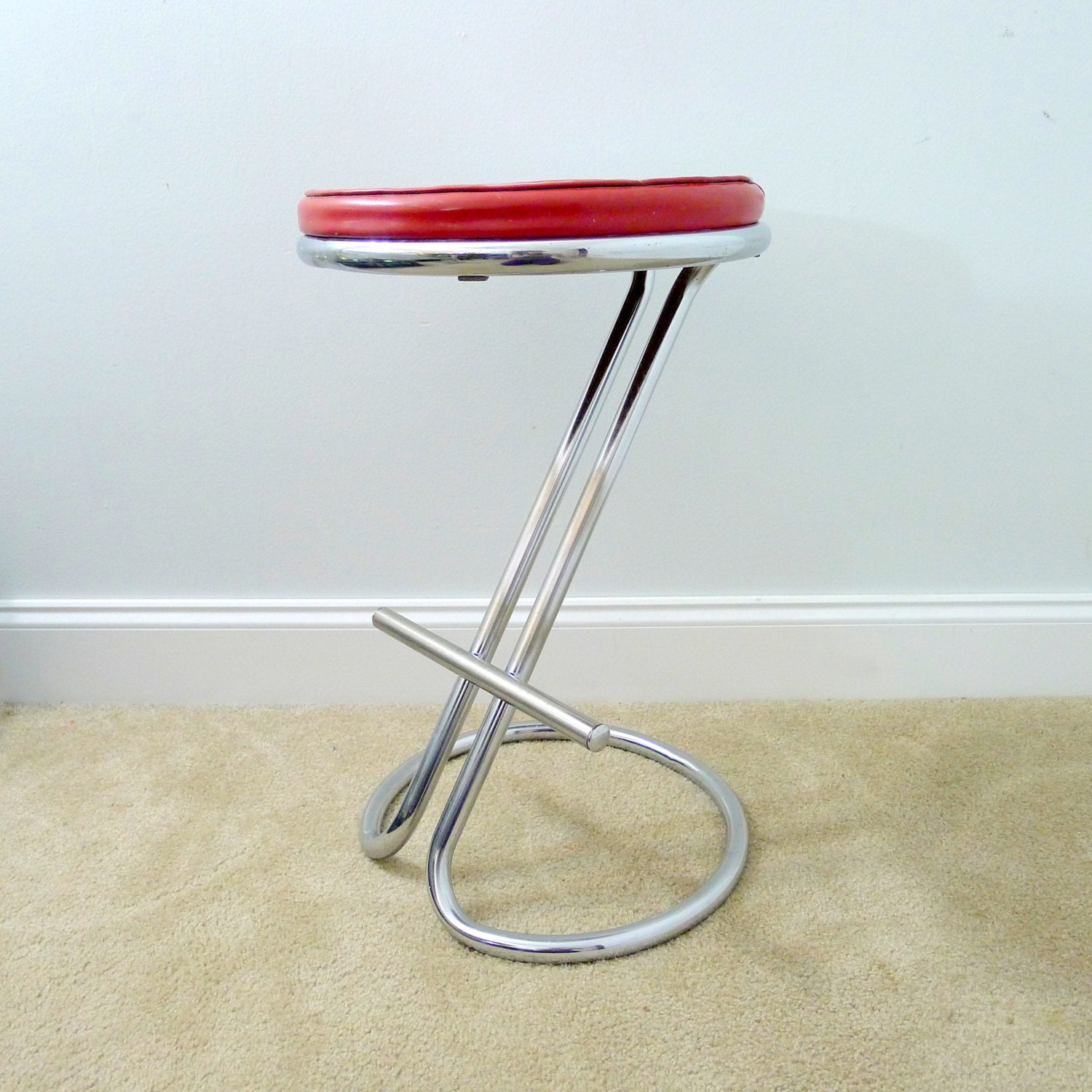 Vintage Z Stool, Gilbert Rohde, Tubular Chrome, Barstool, Red Vinyl