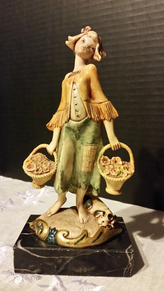 Depose Italian Figurine Flower Girl with dog Signed