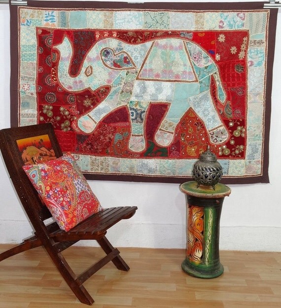 Handmade Patchwork Elephant Tapestry Vintage by maharajacraftbazar
