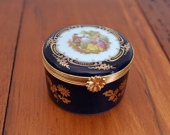 Cobalt Blue Limoges Castel Porcelain Trinket Box with Victorian Lovers ...