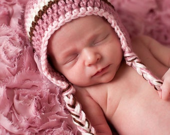 Baby Girl Hat, Newborn Hat, Ear Flap Hat, Crochet Baby Hat, Newborn Prop, Girl Ear Flap Hat, Baby Girl, Rose Pink Pale Pink Off White Brown