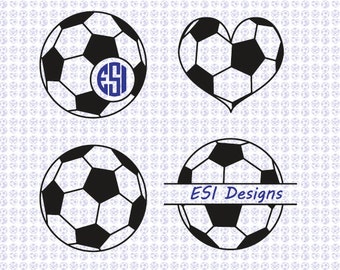 Soccer ball Football monogram designs. SVG, DXF, EPS files. Silhouette Studio for commercial use. Heart, Circle monogram, Split monogram,