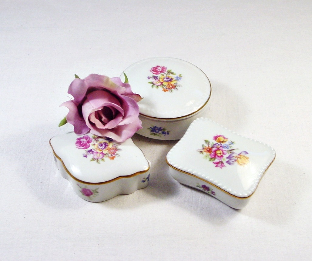 Vintage German Porcelain Trinket Boxes Set of 3 Cottage