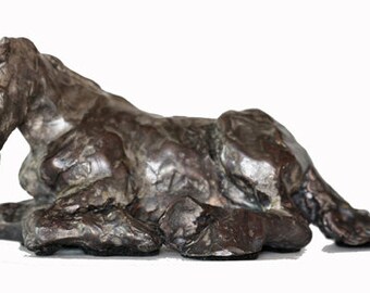 Mini Clydesdale horse lying downSmall gift idea for a small hand cast bronze sculpture. Mini-Clyde Mare by Canadian Artist Kindrie Grove.