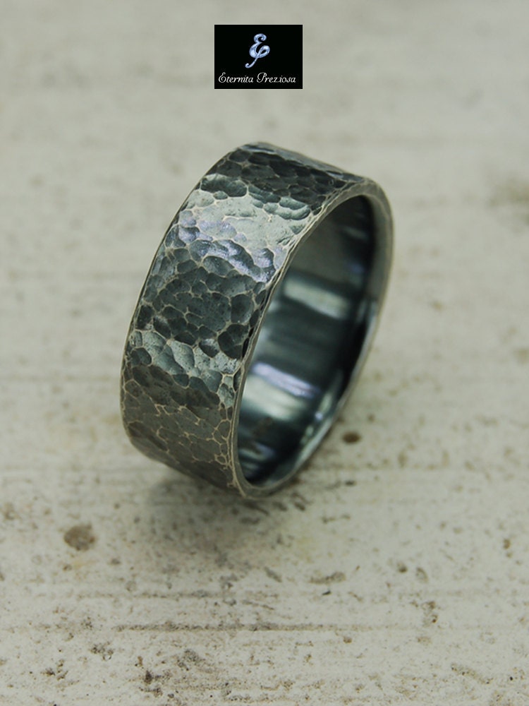 Hammered Silver Ring Mens Rustic Wedding Band Band Ring