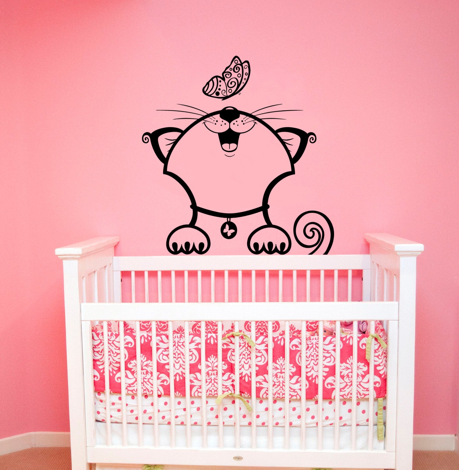 Funny Cat Wall Decal Vinyl Sticker Cat with Butterfly Murals