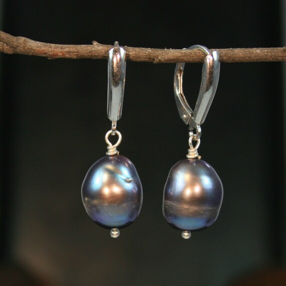 Silver, Black Pearl Drop Earrings, Teardrop Cultured Black Pearls