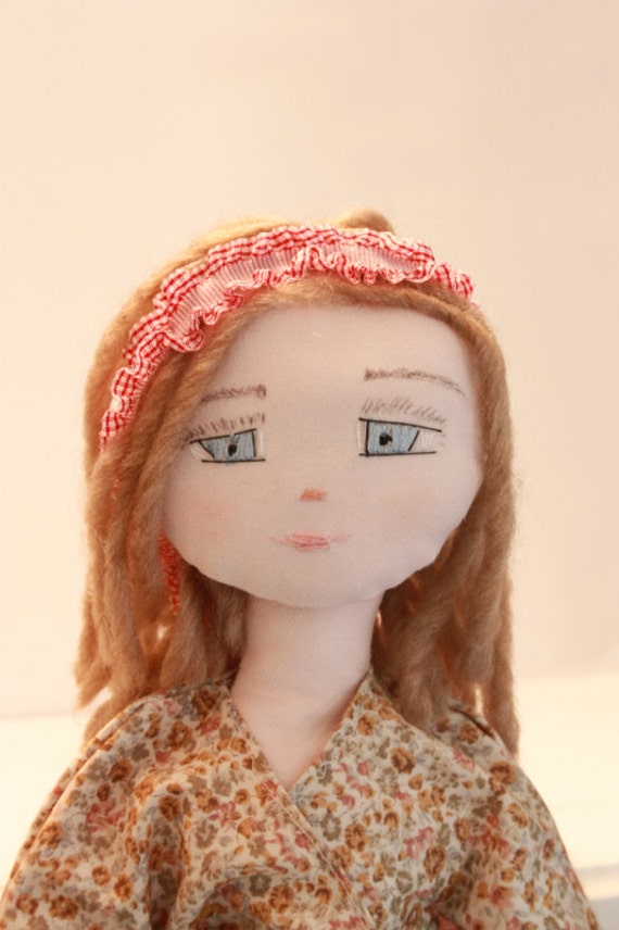 Handmade Cotton Rag Doll Girl Embroidered Face by dollspoupees