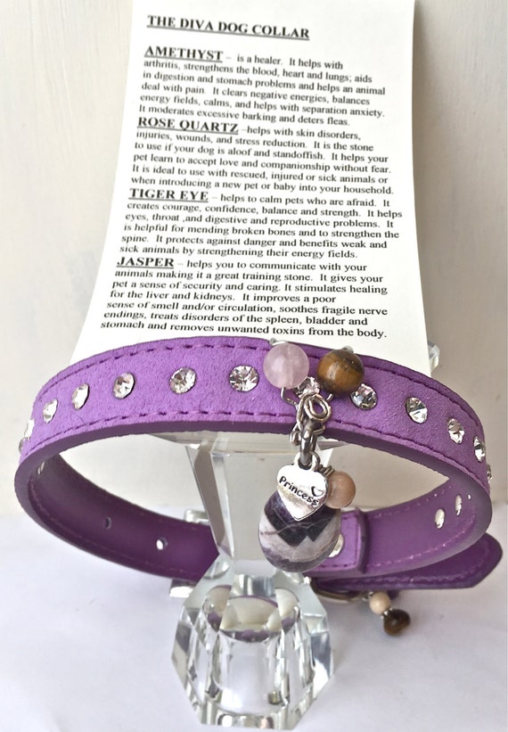 The Healing Crystal Diva Dog Collar size M ,Purple Genuine Leather,Rhinestones ,Princess Charm