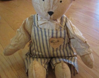 Vintage Tea Stained Muslin Teddy Bear in Shrit and Overalls