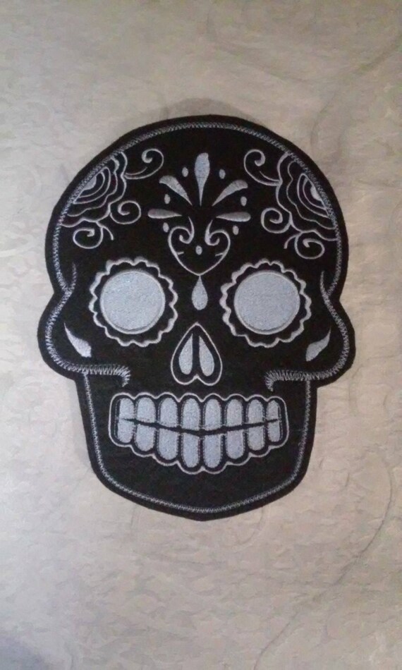 Sugar Skull, Day of the Dead, embroidery patch black with grey stitching 8x10