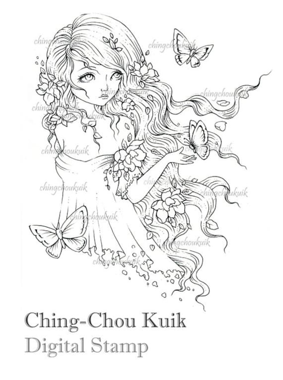 So Long Yesterday - Digital Stamp Instant Download / Butterfly Flower Girl Fantasy Art by Ching-Chou Kuik