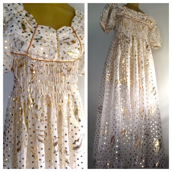 Long Gold Dress White Beaded Polka Dot Feather Print Boho Party Dress ...