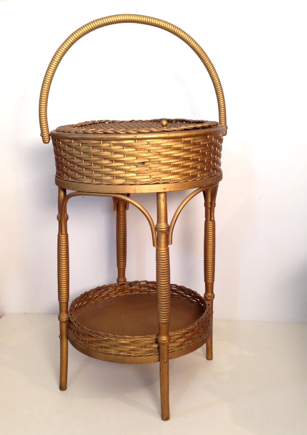 vintage wicker sewing basket on stand sewing by forrestinavintage