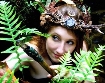 Goddess Antler Crown Princess Enchanted Forest Fine Art Photography Crystal Wand Autumn Greeting Card PERSEPHONE'S MAGIC by Spinning Castle