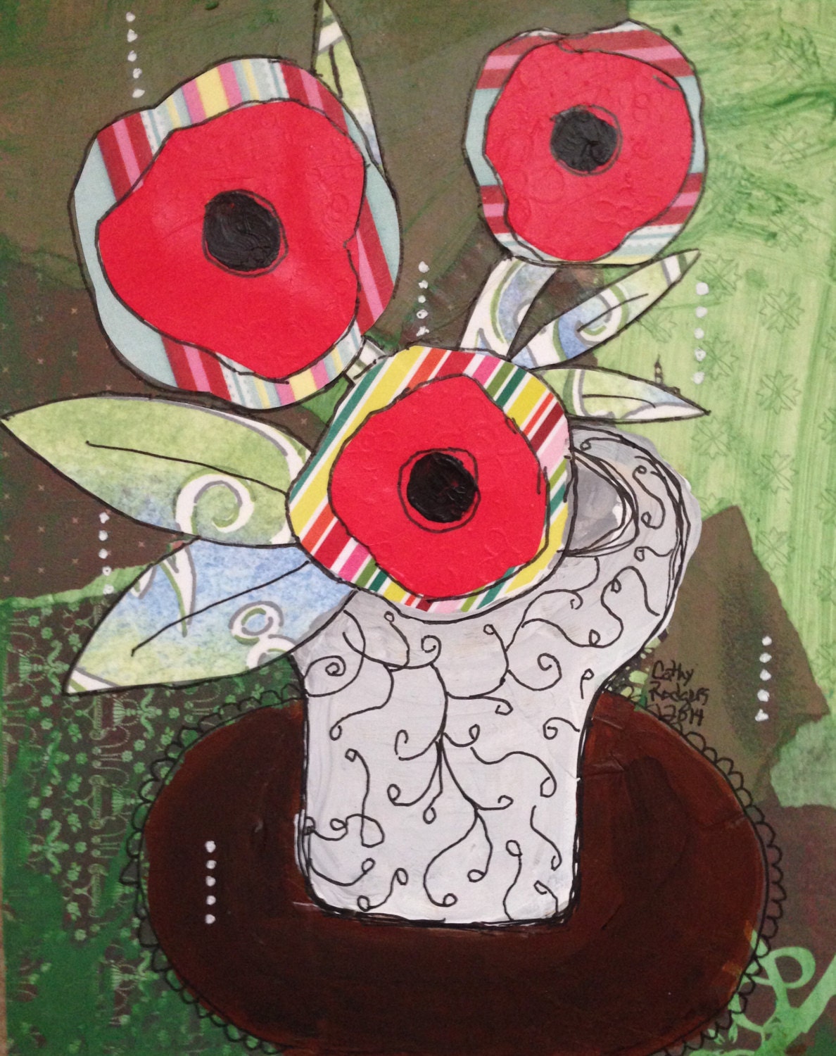 Red Poppies Mixed Media Art By Cathyrodgersfineart On Etsy