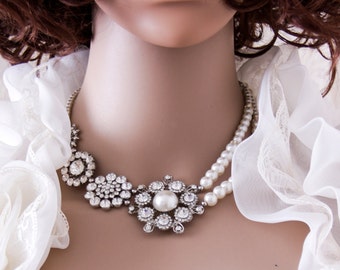 Vintage Style Pearl Bridal Necklace, Pearl Wedding Necklace, Bridal Jewelry, Pearl Wedding Jewelry, Multistrand Pearl Rhinestone necklace