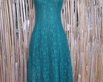 Lace Dress, 80s Lace dress, Green Lace dress, Emerald Lace dress, Forest Green dress, M