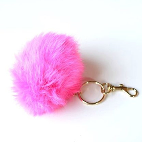 pink pom pom keychain, pink key chain, pink rabbit fur, Hand bag charm ...