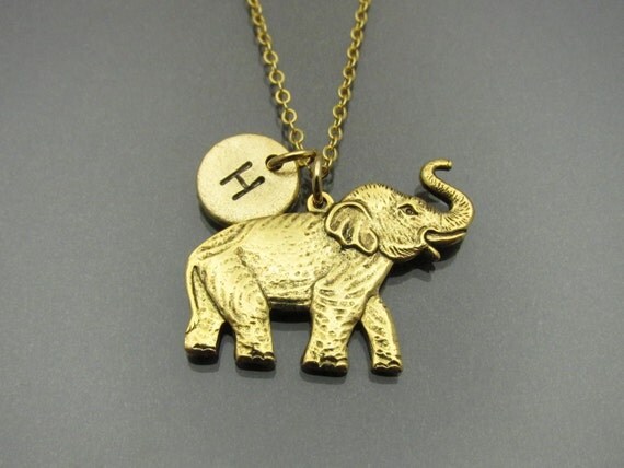 Elephant Necklace Gold Elephant Charm Initial Necklace