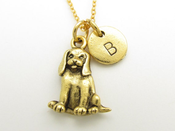 Dog Charm Necklace, Sitting Dog, Personalized, Initial Necklace, Antique Gold, Pet Dog, Animal Charms, Monogram Necklace Z214