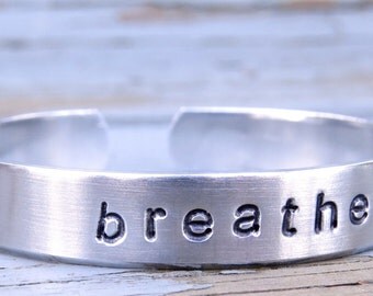 Breathe Bracelet, Yoga Jewelry, Breathe Bangle, Hand Stamped Bracelet, Aluminum, Personalized Jewelry, Select Symbol, Breathe