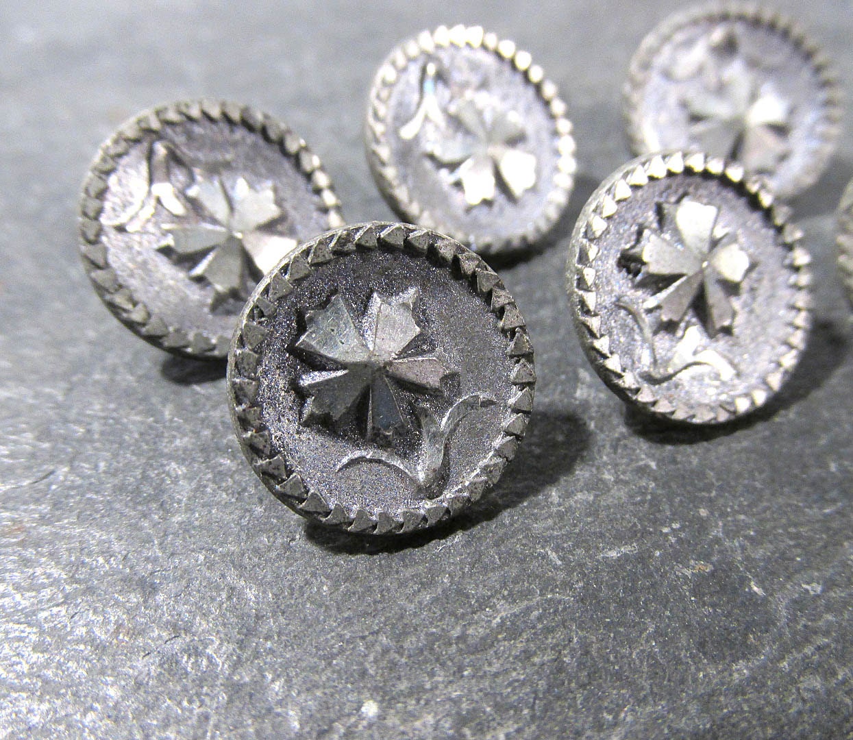 Victorian Pewter Buttons Six 6 Antique Bright Cut Faux by punksrus