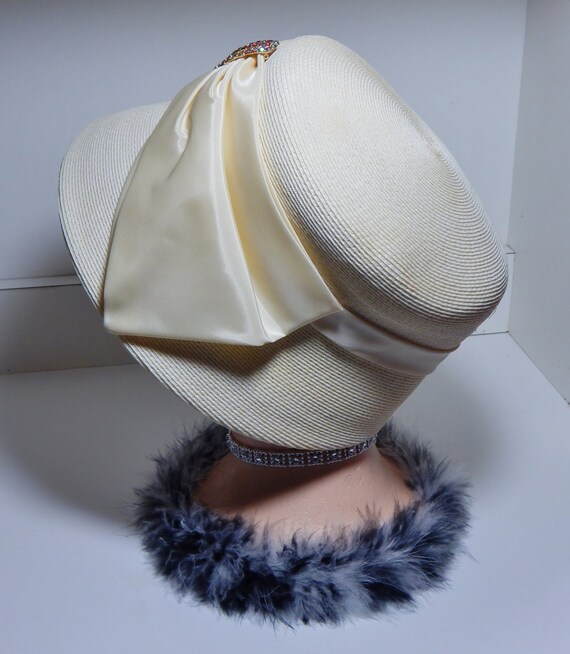 Vintage Hat Cloche with Rhinestones Mid Century Fashion Cream