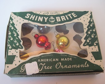 Vintage Shiny Brite Miniature glass Christmas ornaments in original box feather tree ornaments