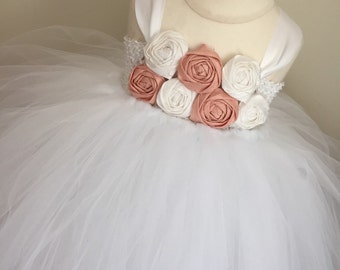 Blush pink and white flower girl dress, girls pale pink and white dress, pale pink wedding, girls tulle tutu dress