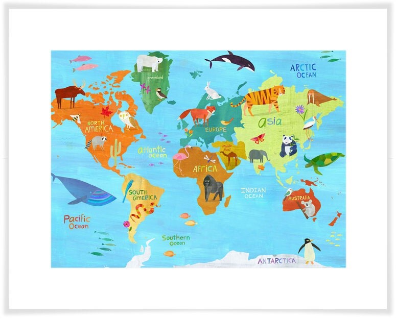 animals around the world map art print geography