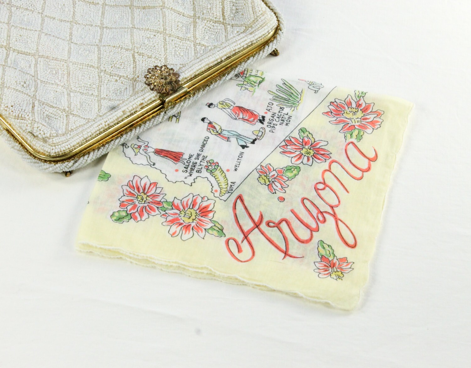 Vintage Arizona Hanky Pink Cactus Flowers on Yellow w/ State Map