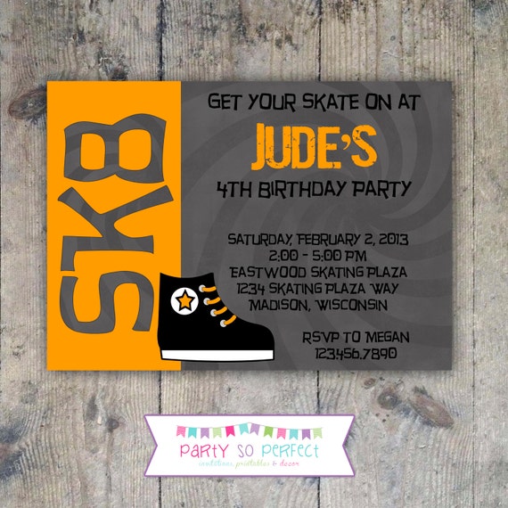 ICE SKATING ORANGE 5x7 Birthday Party Invitation Boy Printable Il_570xn