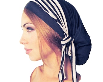Navy Blue Head Scarf Head Cover Black White Stripes Tichel Hair Snood Head Wrap Soft Comfy Cotton Chemo Hat Cap Pre Tied Bandana ShariRose