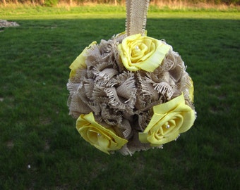 Burlap and yellow sola roses flower kissing ball